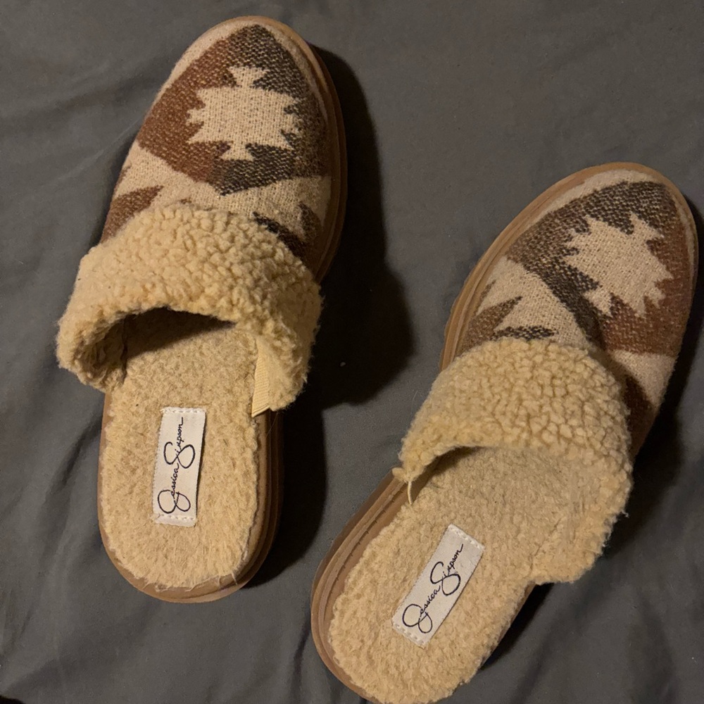 Jessica Simpson Brown and Cream Aztec Mules